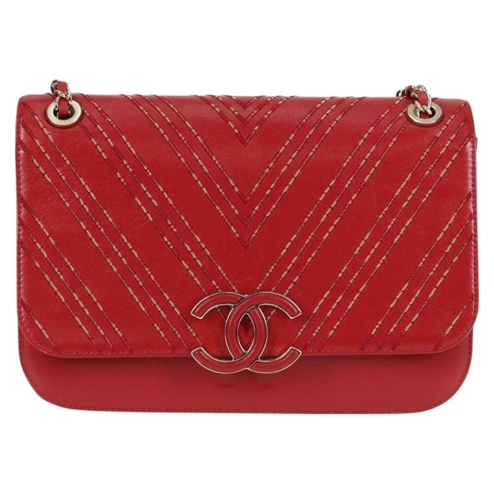 Chanel Lambskin Chain V Stitch Shoulder Bag Red